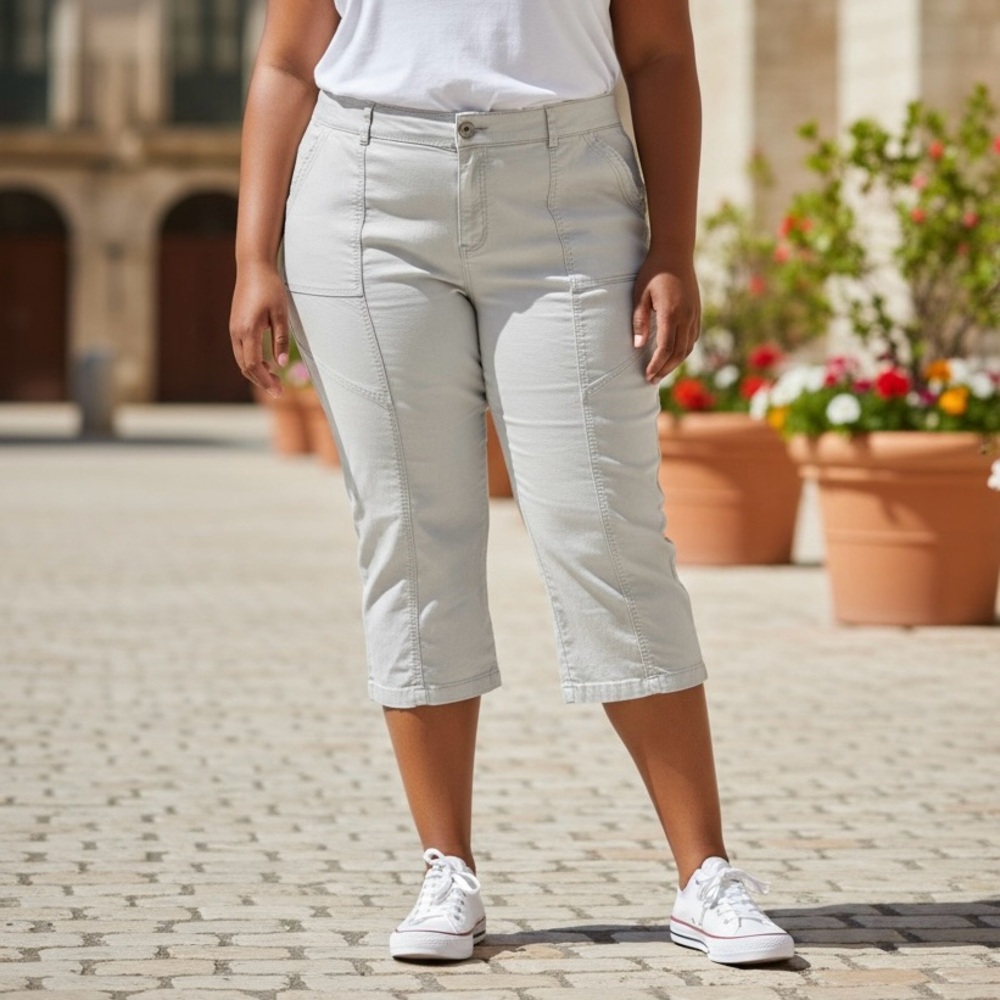 Lee Plus Size 24W Flex-to-Go Mid Rise Cargo Capri Pants - Light Gray
